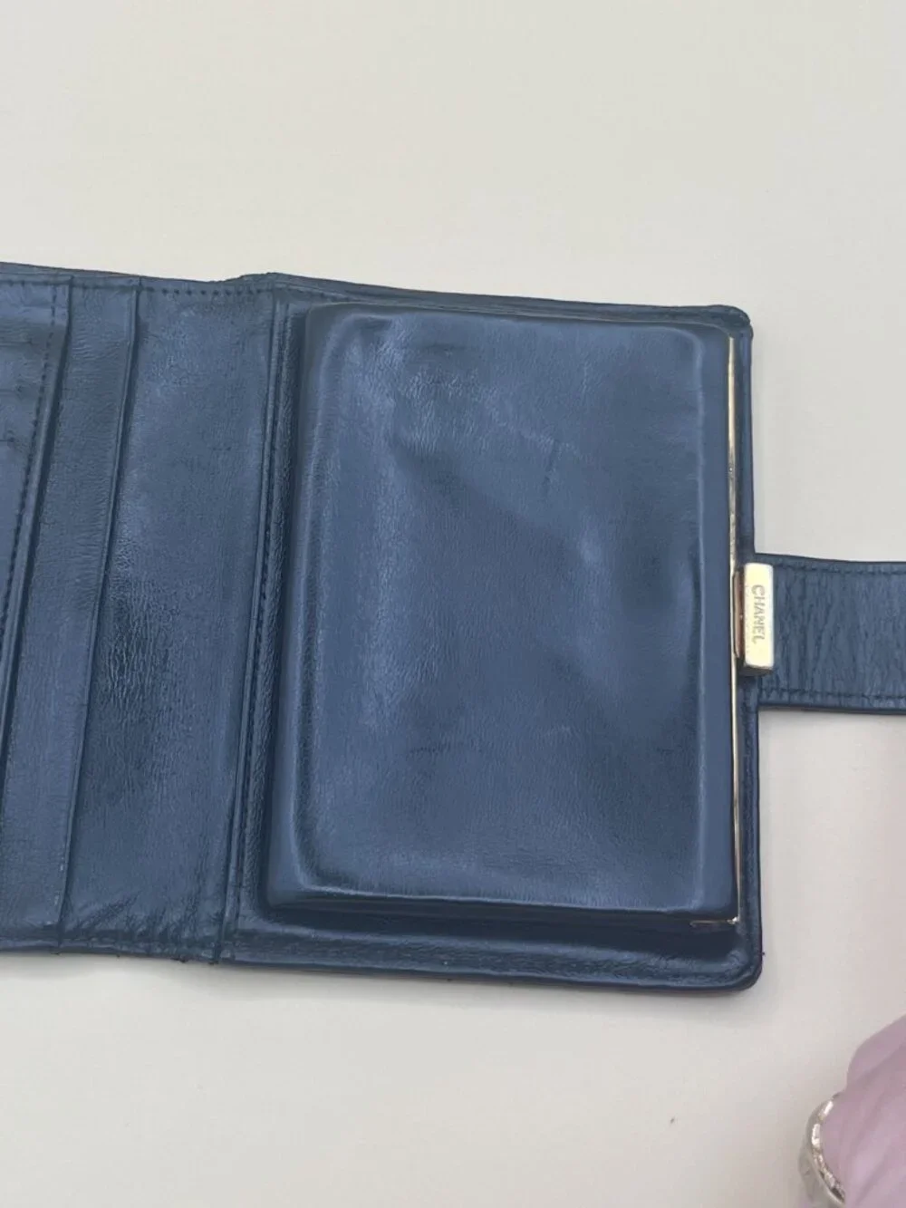 Chanel Black Lambskin CC Logo Compact Wallet Gold Kisslock Frame Snap Tab